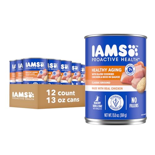 IAMS Proactive Health Healthy Aging Wet Dog Food Classic Ground with Slow Cooked Chicken and Rice, 13 oz. Cans, Pack of 12