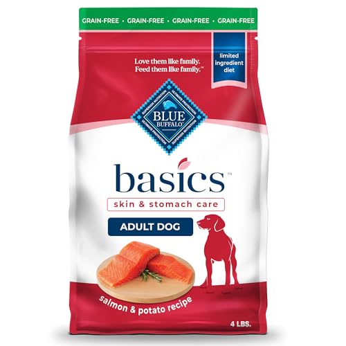 Blue Buffalo Basics Grain-Free Adult Dry Dog Food, Skin & Stomach Care, Limited Ingredient Diet for Dogs, Salmon Recipe, 4-lb. Bag