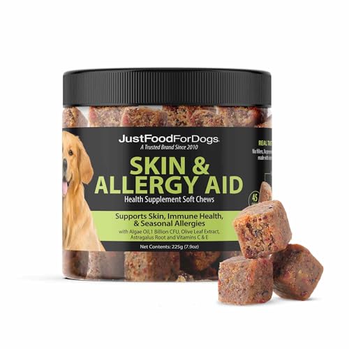 JustFoodForDogs Skin & Allergy Care Soft Chews Supplement for Dogs, Seasonal Allergies, Itchy Skin, Inflammation, Immune Support - 45 Count