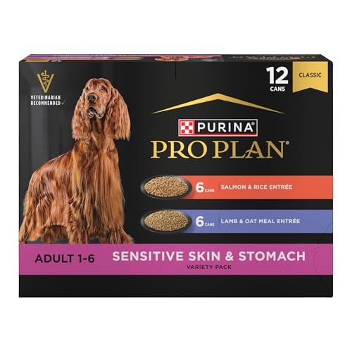 Purina Pro Plan Sensitive Skin and Stomach Wet Dog Food, Salmon and Rice and Lamb and Oat Meal Variety Pack - (Pack of 12) 13 oz. Cans