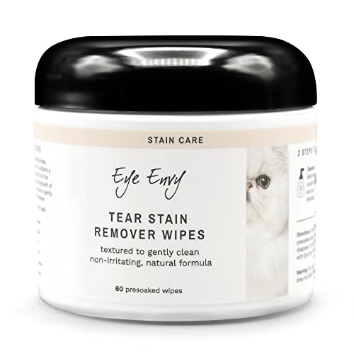 Eye Envy Tear Stain Wipes for Cats. Textured to Gently Clean, Treats The Cause of Staining. 100% Natural Formula. Recommended by Persian & Exotic Breeders, Vets, Groomers. USA Made. 60 Cat Eye Wipes
