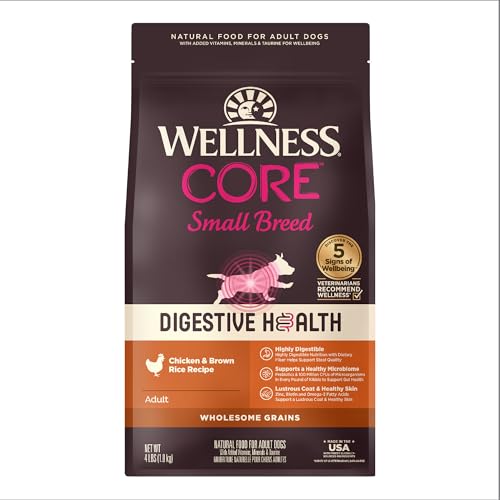 Wellness CORE Digestive Health Dry Dog Food with Wholesome Grains, Highly Digestible, for Dogs with Sensitive Stomachs, Made in USA with Real Protein (Small Breed, Chicken & Brown Rice, 4-Pound Bag)
