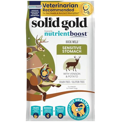 Solid Gold Dry Dog Food for Adult & Senior Dogs - Made w/Real Venison, Potato, & Pumpkin - Nutrientboost Buck Wild Sensitive Stomach Dog Food for Protein Sensitivities & Gut Health - 3.75 LB